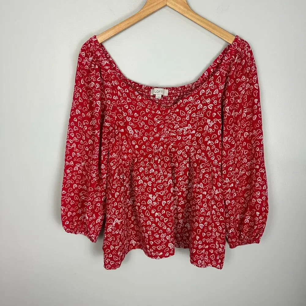 Loft Cotton Blend Heart Allover Print Peplum Blouse Balloon sleeve Size 6